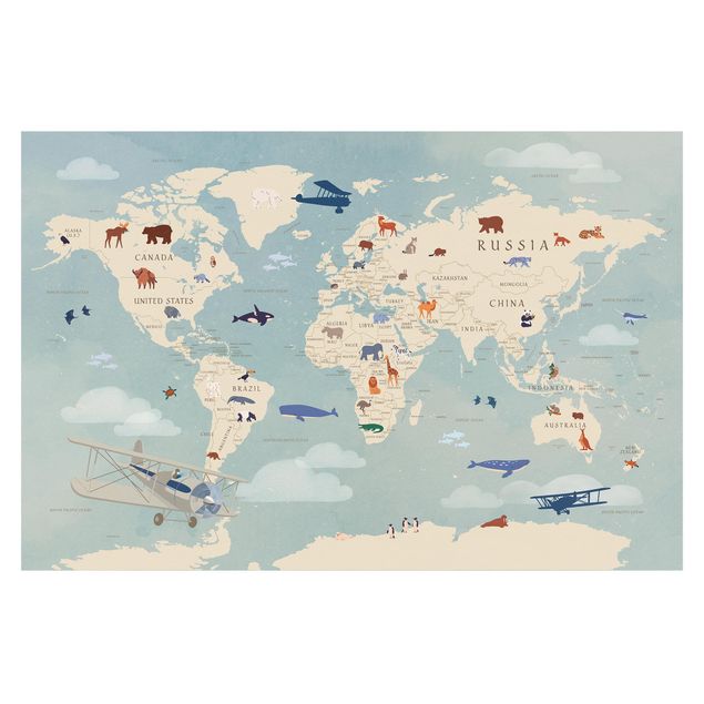 Wanddeko Jungenzimmer Karte mit Tieren der Welt