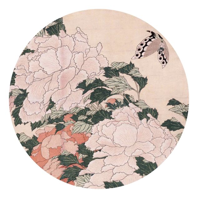 Wohndeko Blume Katsushika Hokusai - Rosa Pfingstrosen mit Schmetterling