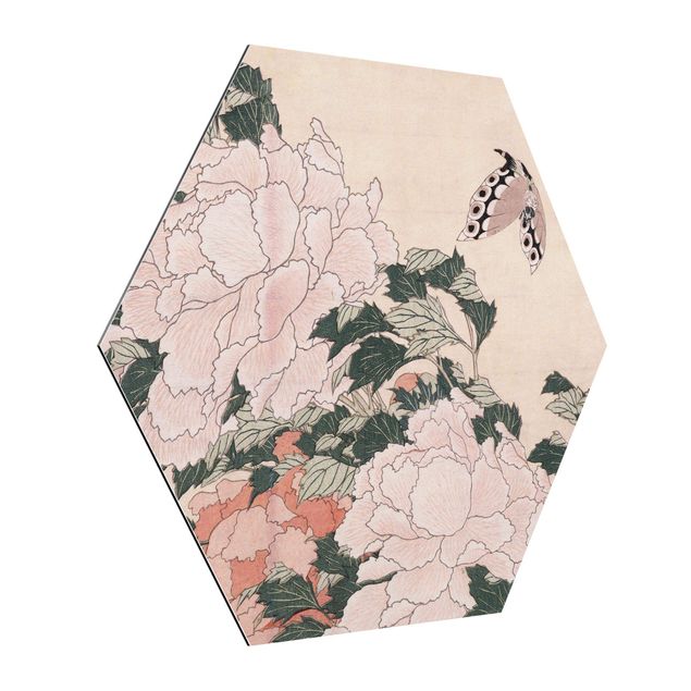Kunststile Katsushika Hokusai - Rosa Pfingstrosen mit Schmetterling