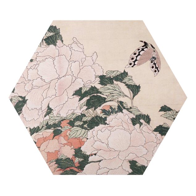 Wandbilder Schmetterlinge Katsushika Hokusai - Rosa Pfingstrosen mit Schmetterling