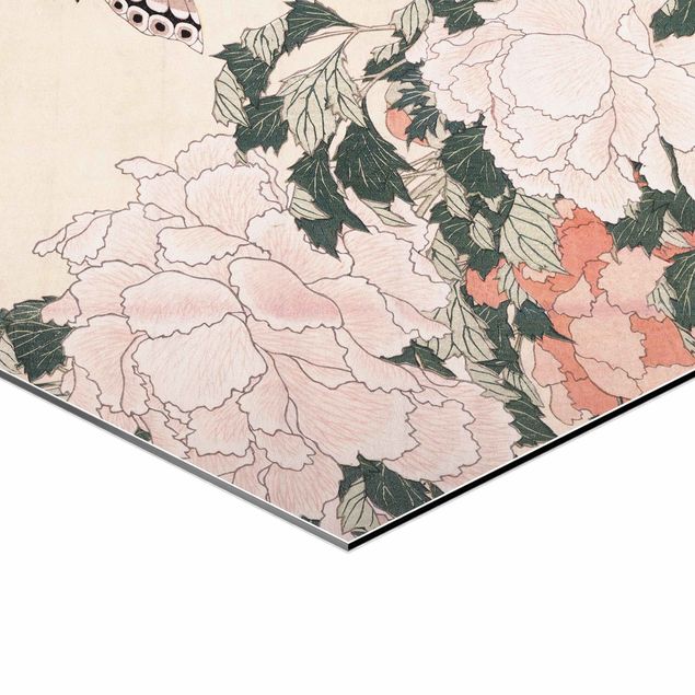 Wanddeko über Sofa Katsushika Hokusai - Rosa Pfingstrosen mit Schmetterling