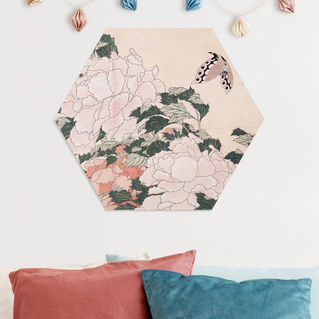 Wanddeko Schlafzimmer Katsushika Hokusai - Rosa Pfingstrosen mit Schmetterling