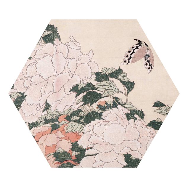 Wandbilder Schmetterlinge Katsushika Hokusai - Rosa Pfingstrosen mit Schmetterling