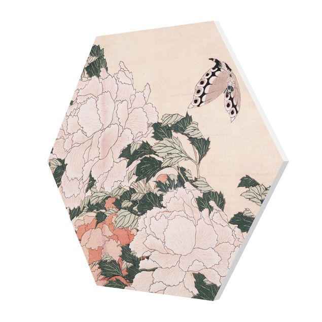 Wanddeko rosa Katsushika Hokusai - Rosa Pfingstrosen mit Schmetterling