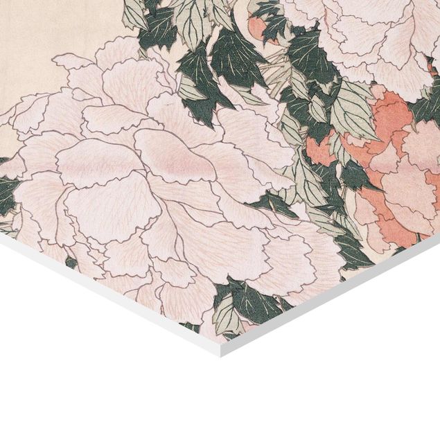 Wanddeko über Bett Katsushika Hokusai - Rosa Pfingstrosen mit Schmetterling
