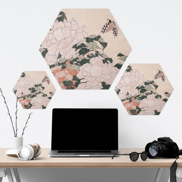 Wanddeko Praxis Katsushika Hokusai - Rosa Pfingstrosen mit Schmetterling