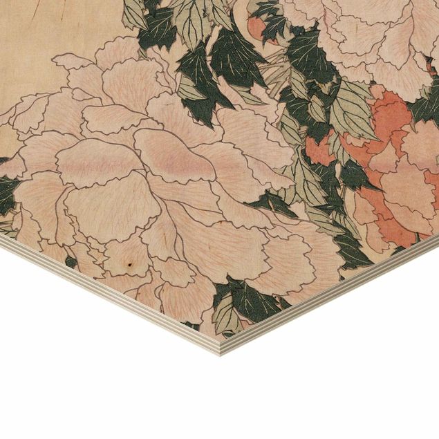 Wanddeko über Bett Katsushika Hokusai - Rosa Pfingstrosen mit Schmetterling