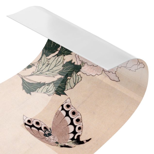 Wohndeko Kunst Katsushika Hokusai - Rosa Pfingstrosen mit Schmetterling