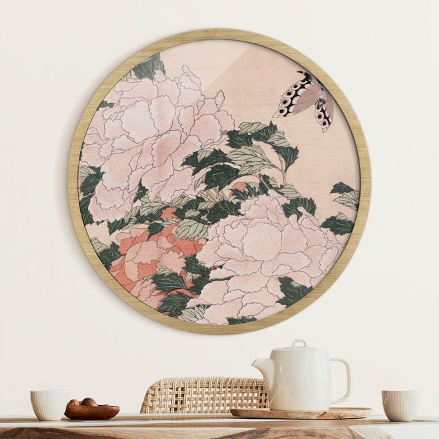Wanddeko Wohnzimmer Katsushika Hokusai - Rosa Pfingstrosen mit Schmetterling