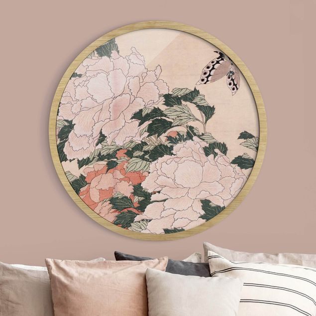 Wanddeko Schlafzimmer Katsushika Hokusai - Rosa Pfingstrosen mit Schmetterling