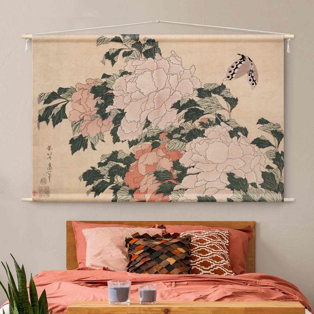 Deko Blume Katsushika Hokusai - Rosa Pfingstrosen mit Schmetterling