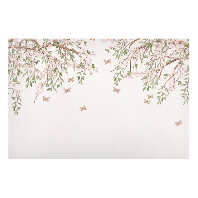 Wanddeko Blume Kirschblüte im Flügelspiel der Schmetterlinge