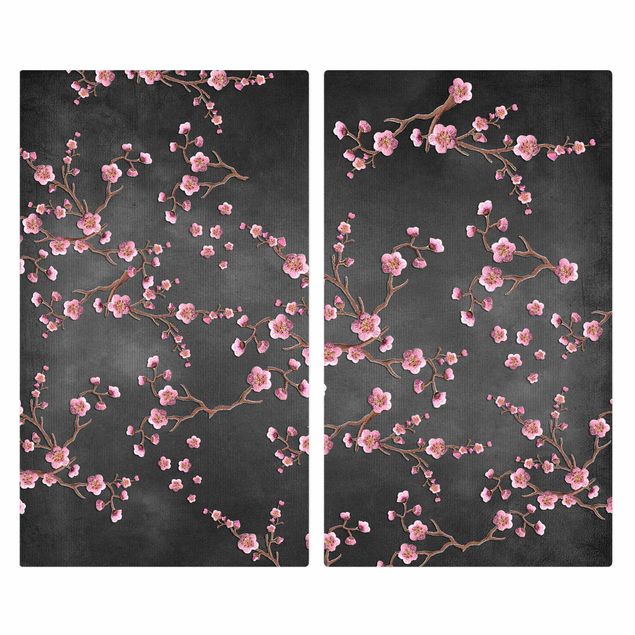 Wanddeko Blumen Kirschblüten auf Schwarz