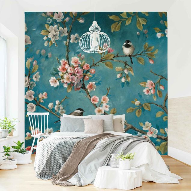 Wanddeko Schlafzimmer Kirschblütenzweige auf Blau