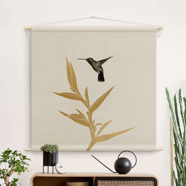 Wanddeko Wohnzimmer Kolibri und tropische goldene Blüte II