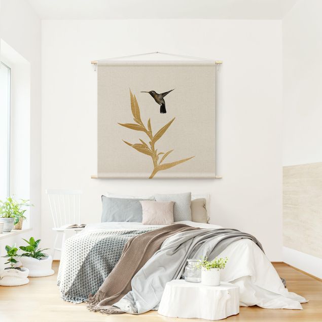 Wanddeko Schlafzimmer Kolibri und tropische goldene Blüte II