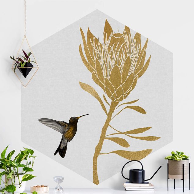 Wanddeko Schlafzimmer Kolibri und tropische goldene Blüte