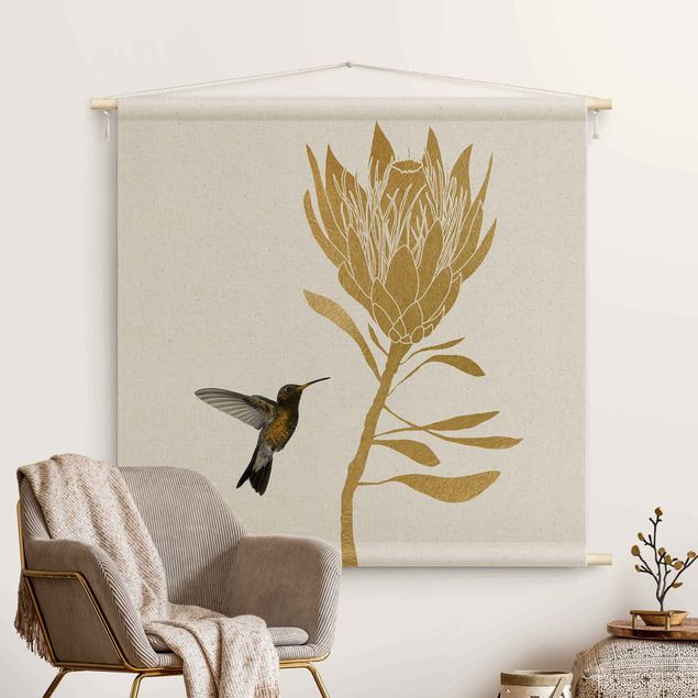 Wanddeko Wohnzimmer Kolibri und tropische goldene Blüte