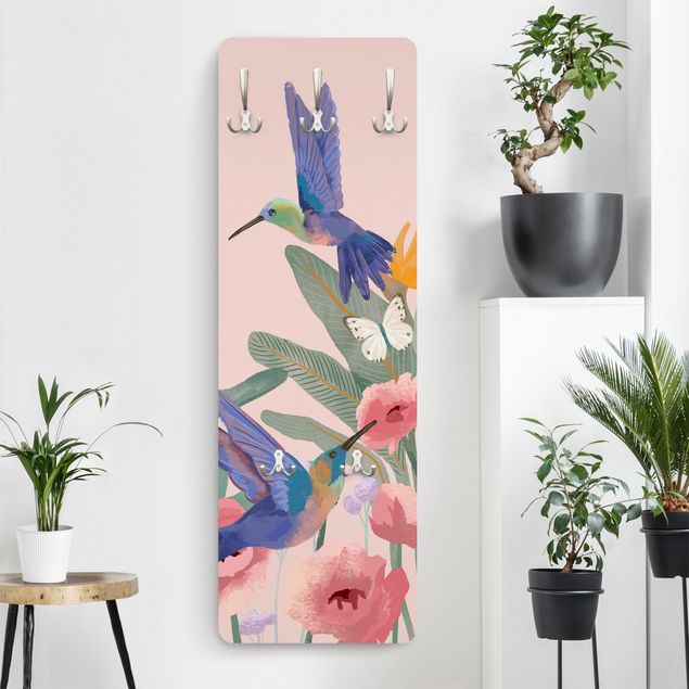Wanddeko bunt Kolibris und rosa Blüten