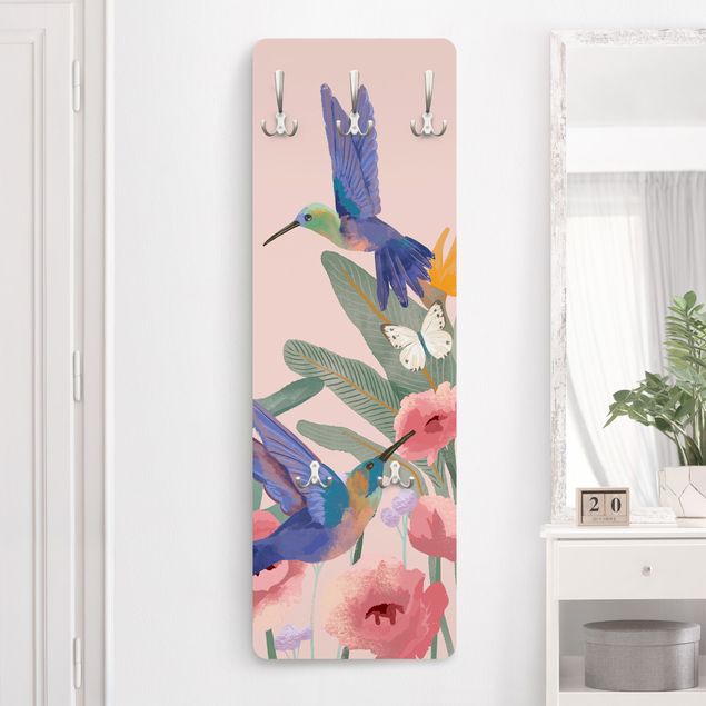 Wanddeko Schlafzimmer Kolibris und rosa Blüten