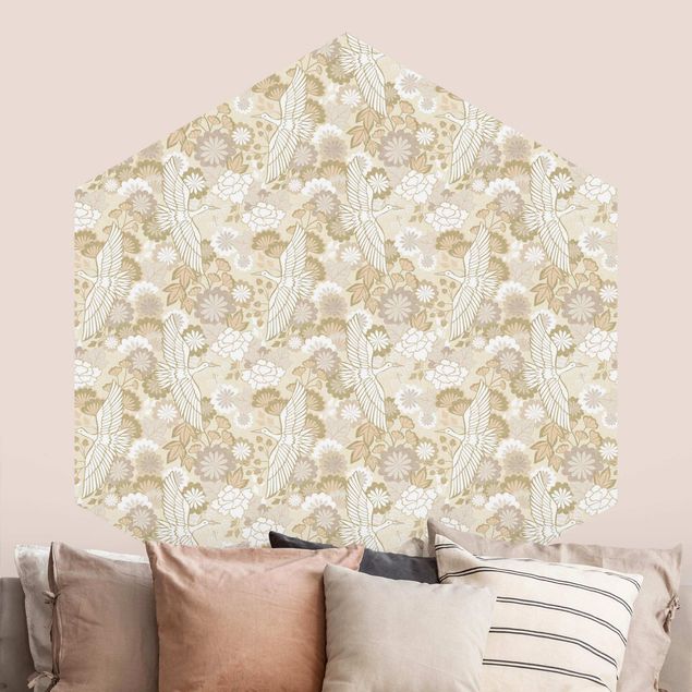 Wanddeko Schlafzimmer Kraniche und Chrysanthemen Beige
