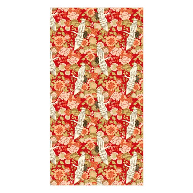 Wanddeko Muster Kraniche und Chrysanthemen Rot