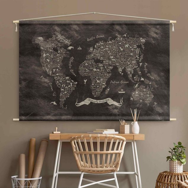 Wanddeko Mädchenzimmer Kreide Typografie Weltkarte