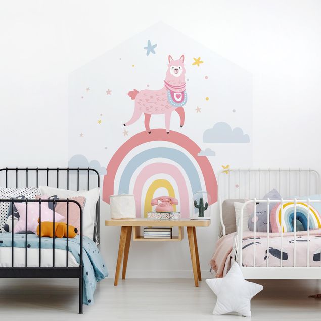 Wanddeko Babyzimmer Lama auf Regenbogen mit Sternen und Pünktchen