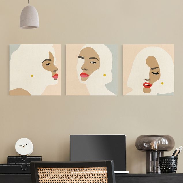 Wanddeko Büro Line Art Portrait Frauen Pastell Set