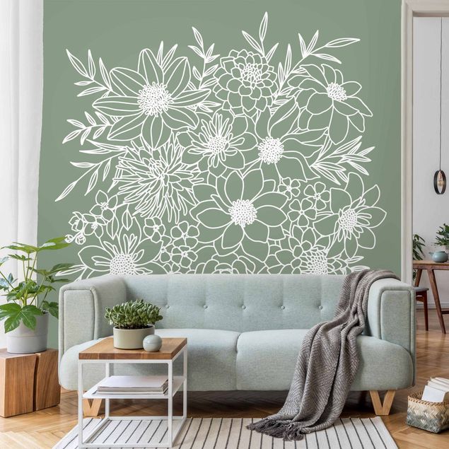 Wanddeko Wohnzimmer Lineart Blumen in Grün