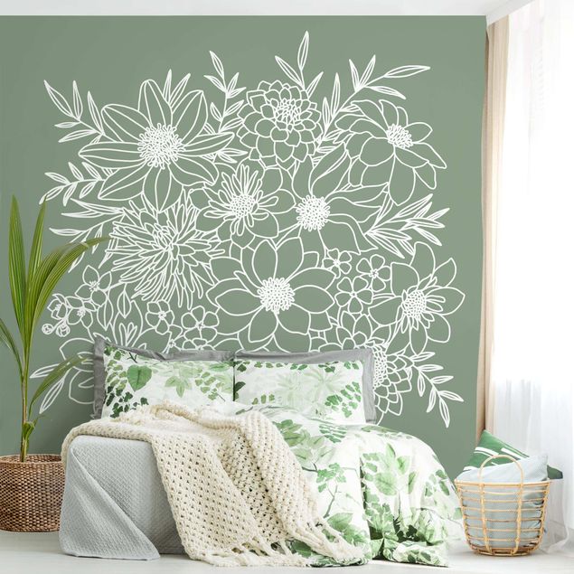 Wanddeko Schlafzimmer Lineart Blumen in Grün