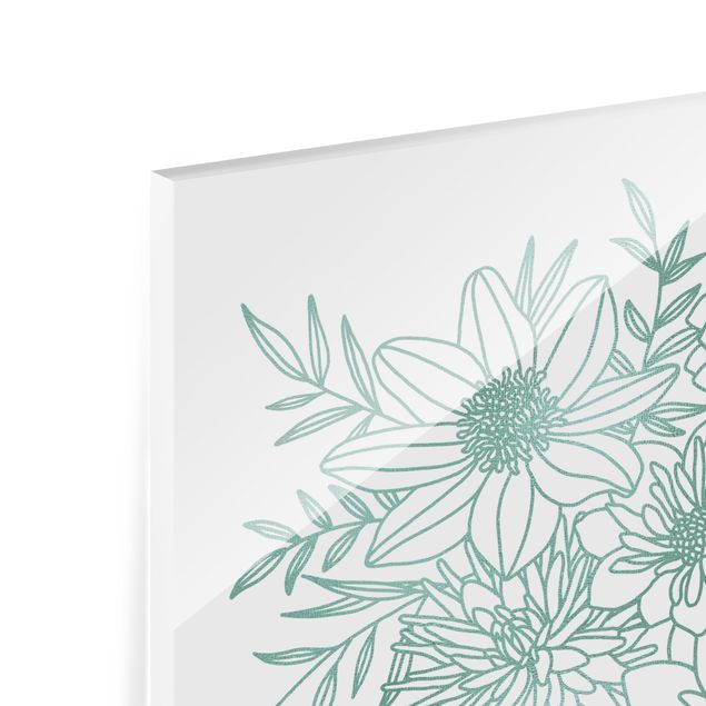Wanddeko Praxis Lineart Blumen in Metallic Grün