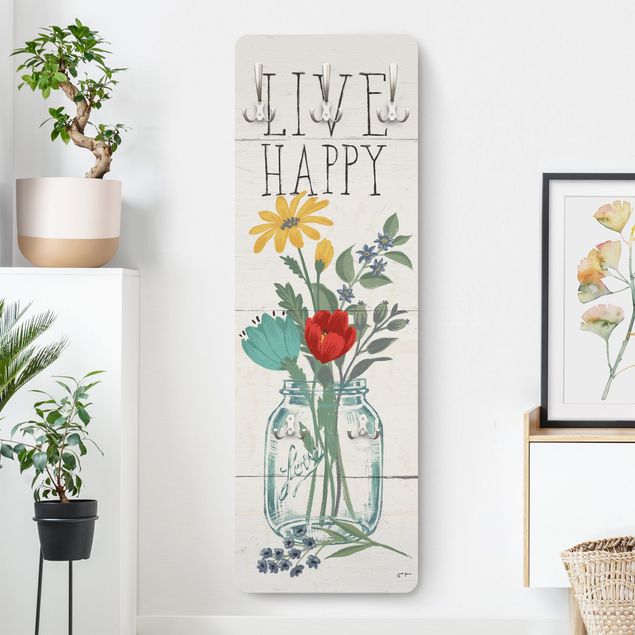 Wanddeko bunt Live Happy - Blumenvase auf Holz