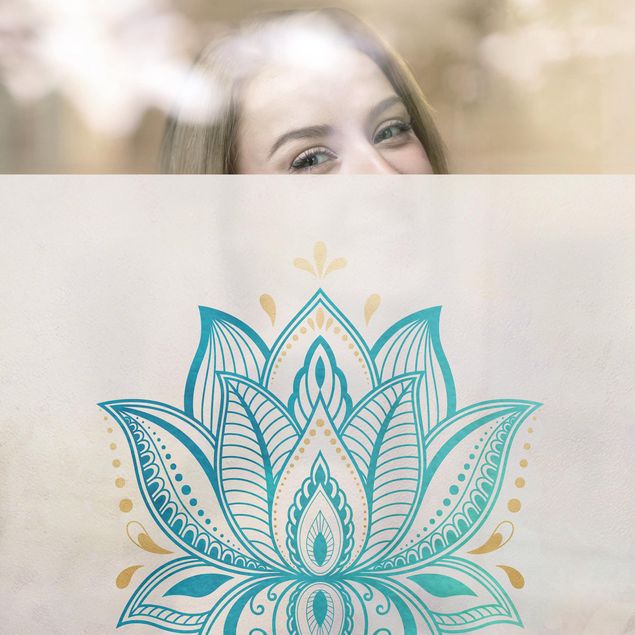 Wanddeko türkis Lotus Illustration Mandala gold blau