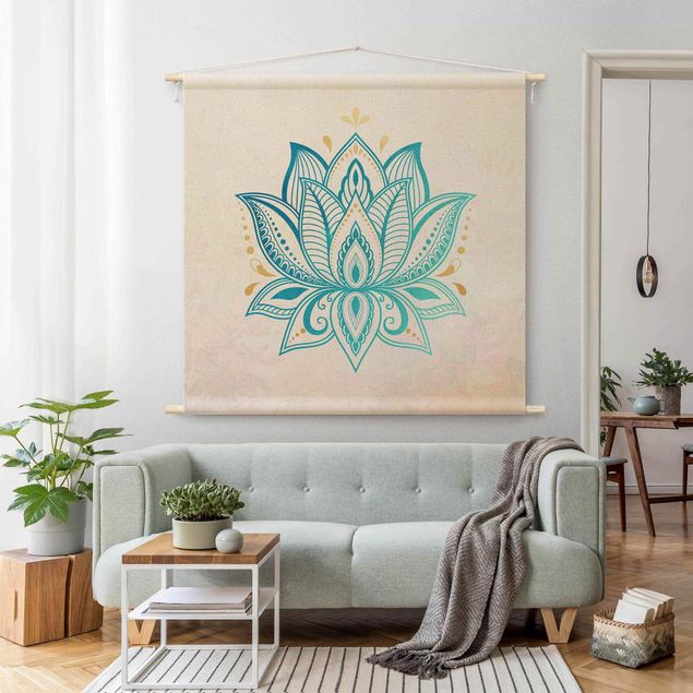 Wanddeko Schlafzimmer Lotus Illustration Mandala gold blau