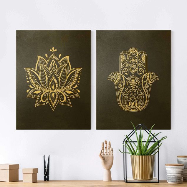 Wanddeko Schlafzimmer Lotus Illustration und Hamsa Hand Set