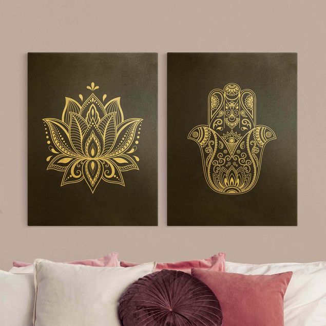 Wanddeko über Bett Lotus Illustration und Hamsa Hand Set