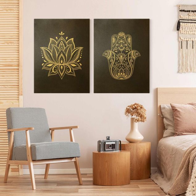 Wanddeko schwarz Lotus Illustration und Hamsa Hand Set