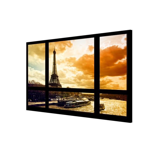 Wanddeko Esszimmer Fensterblick - Paris Eiffelturm Sonnenuntergang