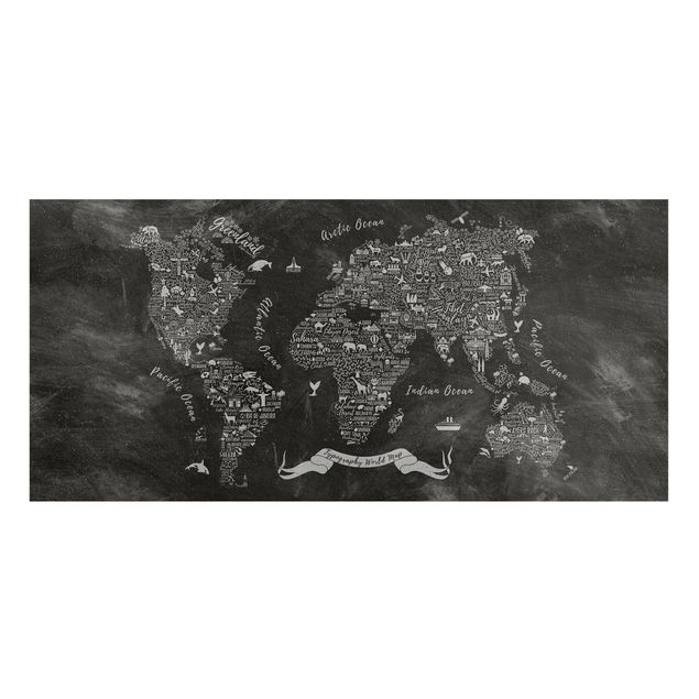 Wanddeko schwarz-weiß Kreide Typografie Weltkarte
