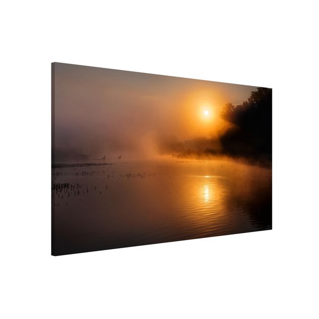 Wanddeko braun Sonnenaufgang am See mit Rehen im Nebel