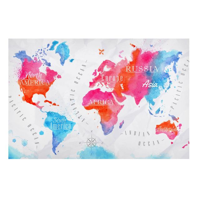 Wanddeko Esszimmer Weltkarte Aquarell rot blau