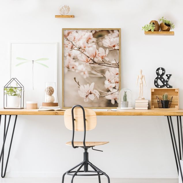 Wanddeko Wohnzimmer Magnolienzweige im Vintagestil