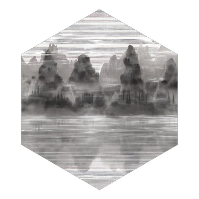 Wanddeko über Bett Malerische Berge im mystischem Nebel