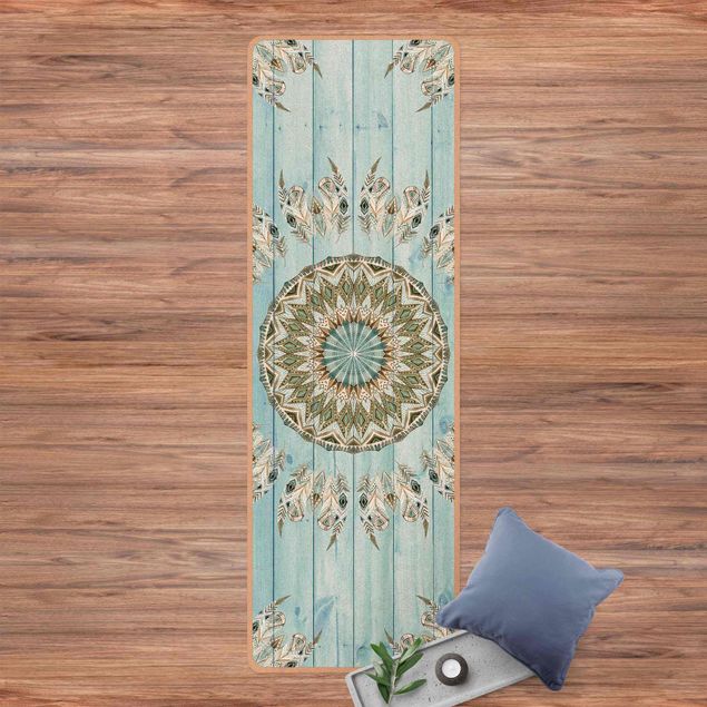 Wanddeko Schlafzimmer Mandala Aquarell Federn blau grün auf Planke