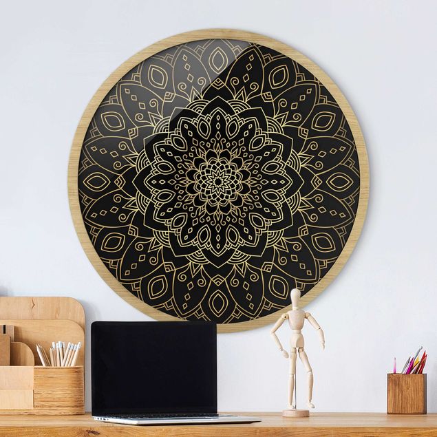 Wanddeko Wohnzimmer Mandala Blüte Muster gold schwarz