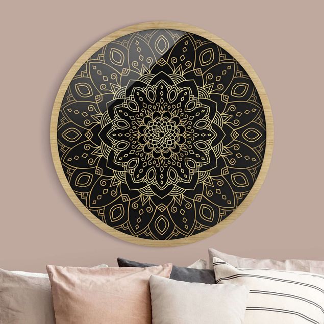 Wanddeko Schlafzimmer Mandala Blüte Muster gold schwarz
