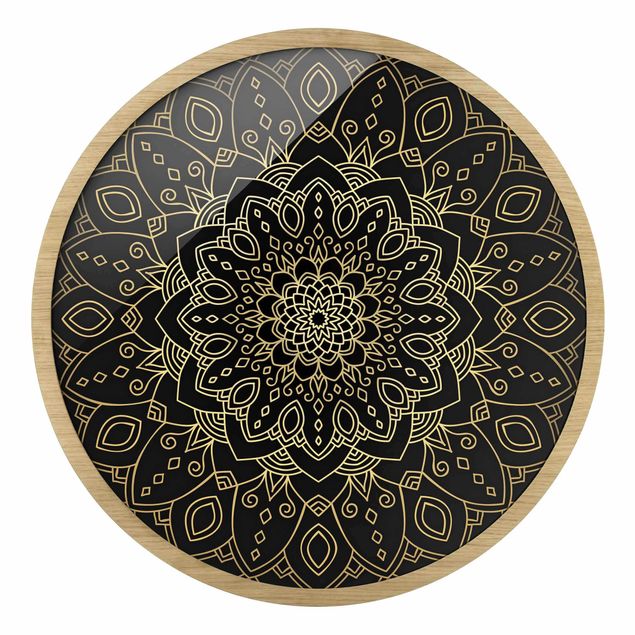 Wanddeko über Sofa Mandala Blüte Muster gold schwarz