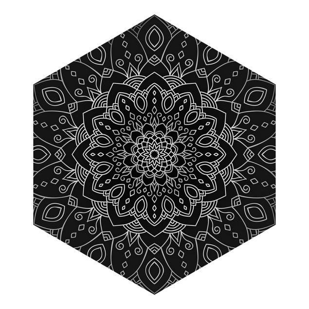 Wanddeko Büro Mandala Blüte Muster silber schwarz