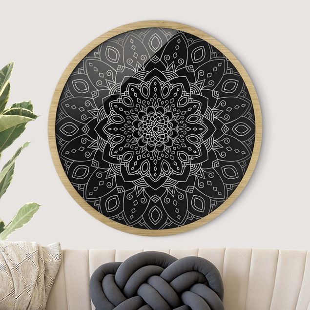 Wanddeko Wohnzimmer Mandala Blüte Muster silber schwarz